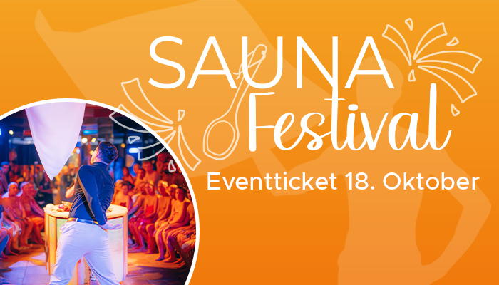 Eine Grafik mit dem Schriftzug zum Sauna Festival Ticket auf orangener Farbfläche und mit einem Bild von einem Aufgiesser wie er das Handtuch wirft.