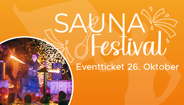 Eine Grafik mit dem Schriftzug zum Sauna Festival Ticket auf orangener Farbfläche und mit einem Bild von einer Frau mit einem brennenden Stab in der Hand. 