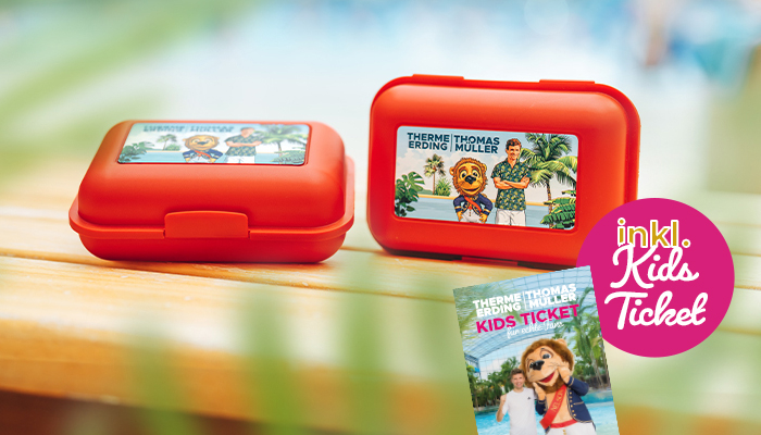 Ein Produktbild mit zwei roten Brotdosen und eine Abbildung vom Kids Ticket. 