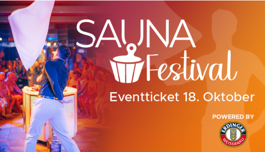Eine Grafik mit dem Schriftzug zum Sauna Festival Ticket auf orangener Farbfläche und mit einem Bild von einem Aufgiesser wie er das Handtuch wirft.