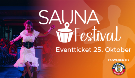 Eine Grafik mit dem Schriftzug zum Sauna Festival Ticket auf orangener Farbfläche und mit einem Bild von einer Frau tanzend im Aufguss und Piratenkostüm.