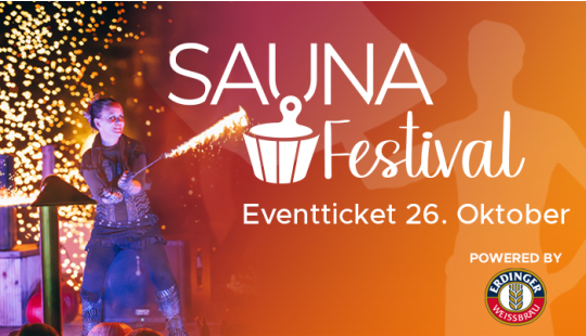 Eine Grafik mit dem Schriftzug zum Sauna Festival Ticket auf orangener Farbfläche und mit einem Bild von einer Frau mit einem brennenden Stab in der Hand. 