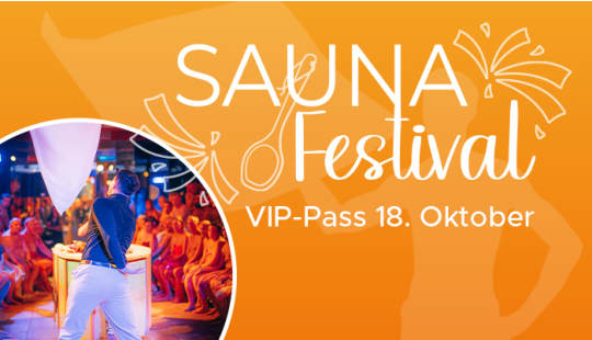 Eine Grafik mit dem Schriftzug zum Sauna Festival Ticket auf orangener Farbfläche und mit einem Bild von einem Aufgiesser wie er das Handtuch wirft.