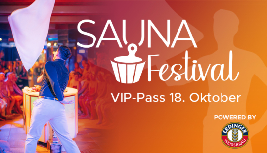 Eine Grafik mit dem Schriftzug zum Sauna Festival Ticket auf orangener Farbfläche und mit einem Bild von einem Aufgiesser wie er das Handtuch wirft.