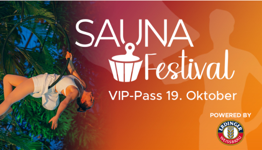 Eine Grafik mit dem Schriftzug zum Sauna Festival Ticket auf orangener Farbfläche und mit einem Bild von einer Frau schwebend in einem Reifen.