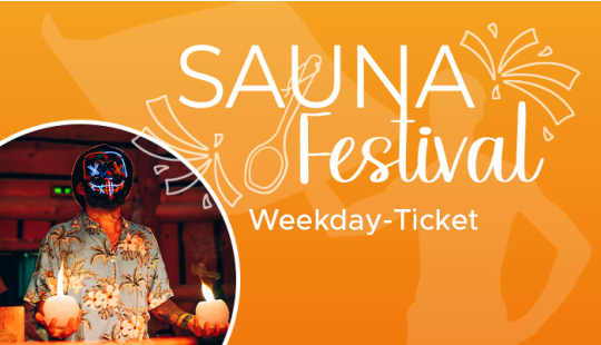 Eine Grafik mit dem Schriftzug zum Sauna Festival Ticket auf orangener Farbfläche und mit einem Bild von einem Aufgiesser, der zwei brennende Eiskugeln in der Hand hat und eine Maske auf. 