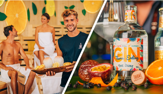 Ein Splitscreen. Links sieht man einen Aufgießer und 2 Gäste in der Citrussauna und links den Therme Erding Gin.