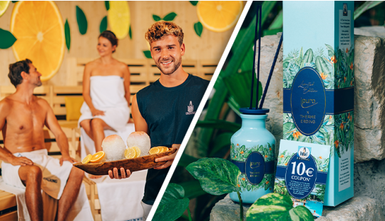 Ein Splitscreen. Links sieht man einen Aufgießer und 2 Gäste in der Citrussauna und links den iPuro Raumduft.