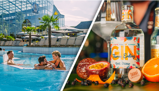 Ein Splitscreen. Links sieht man drei Gäste in einem Außenpool und links den Therme Erding Gin.