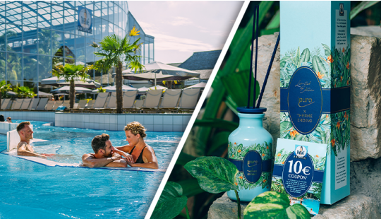 Ein Splitscreen. Links sieht man drei Gäste in einem Außenpool und links den iPuro Raumduft.