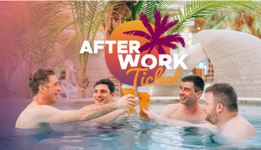 Four men are sitting in a pool, clinking their beers together. Above them is a graphic with the text "After Work Ticket."