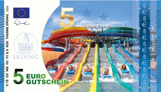 Ein 5 Euro Gutschein in Geldscheinoptik mit Rutschenmotiv